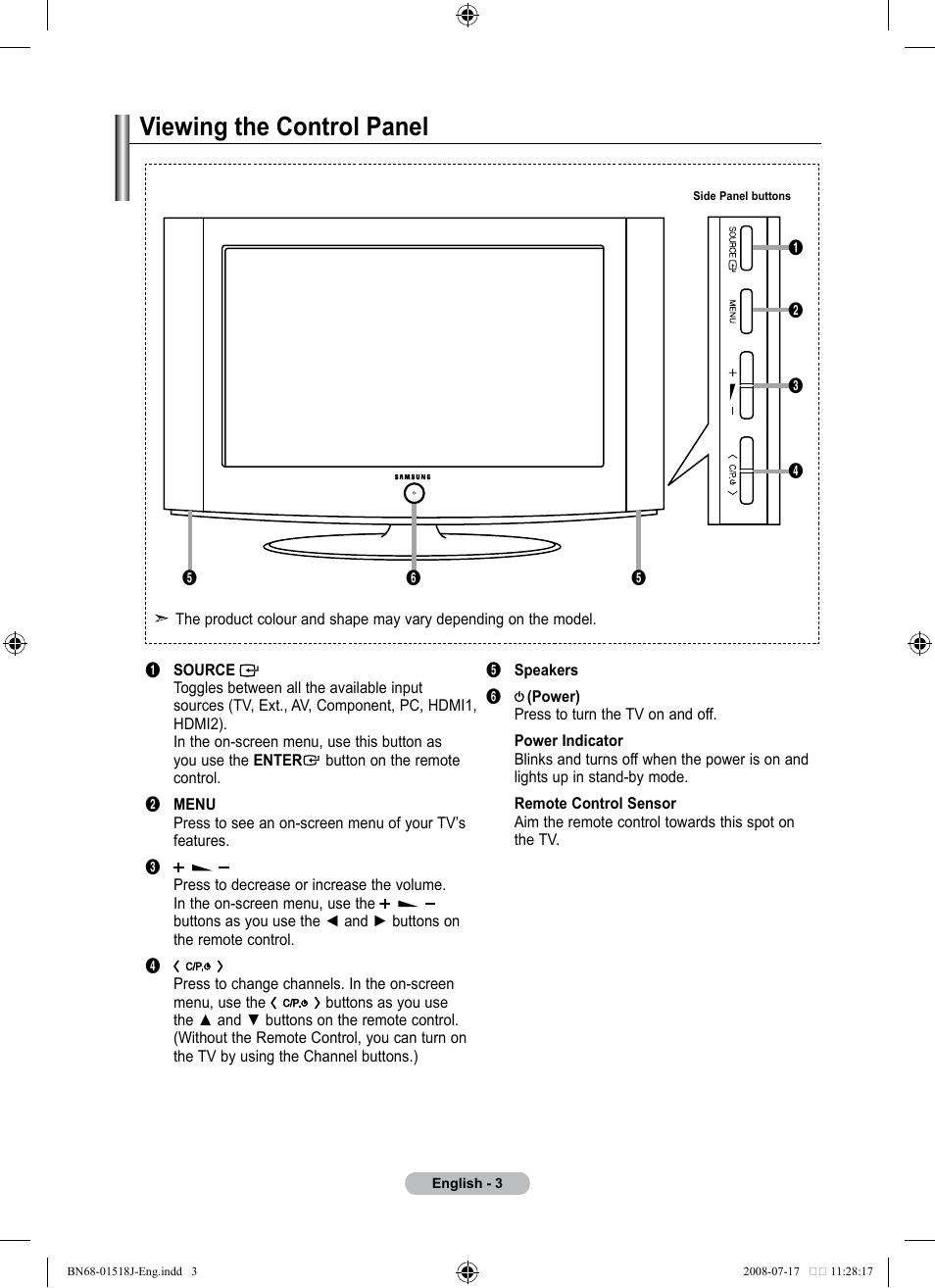 Viewing the control panel | Univex LCD TV User Manual | Page 5 / 36