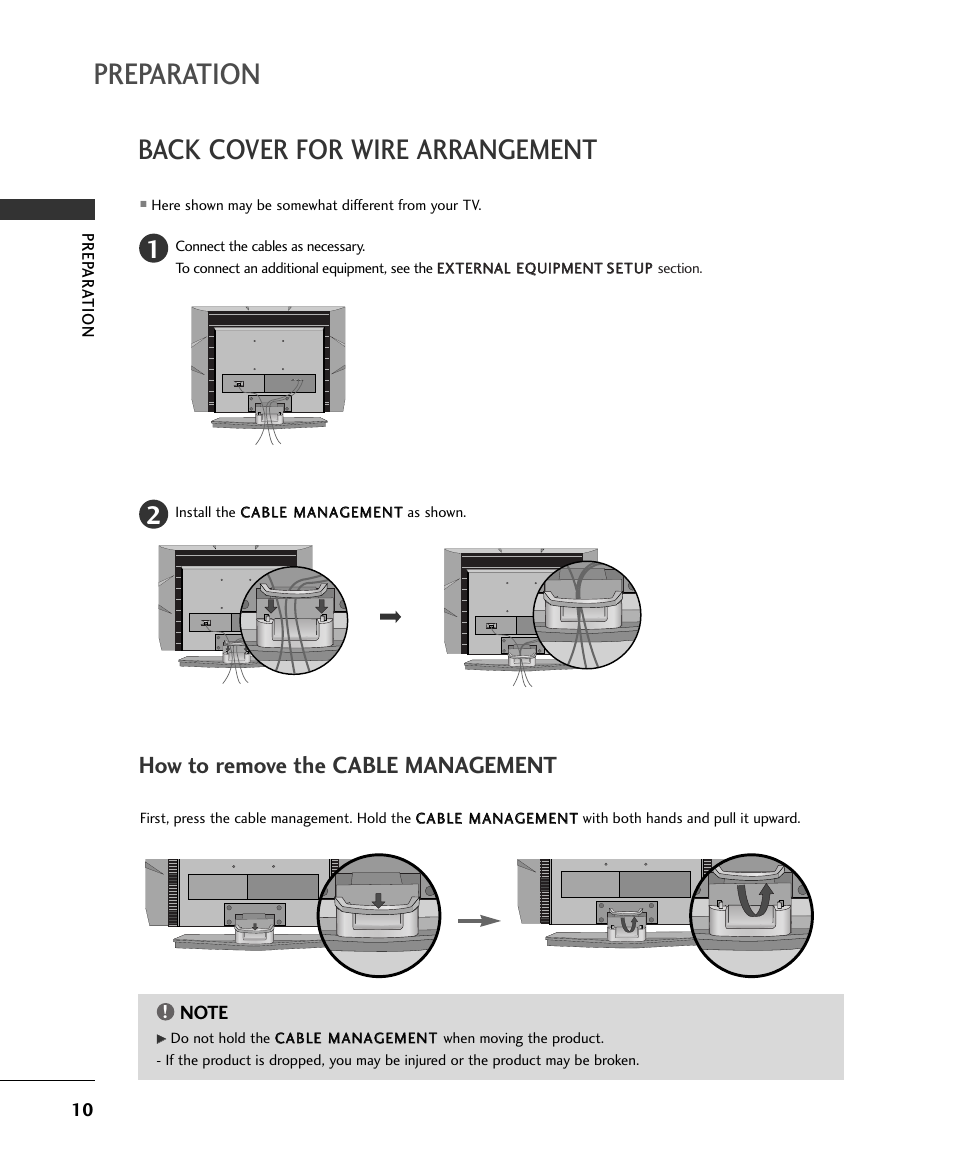 Preparation, Back cover for wire arrangement, How to remove the cable management | LG 15LS1RA User Manual | Page 12 / 56