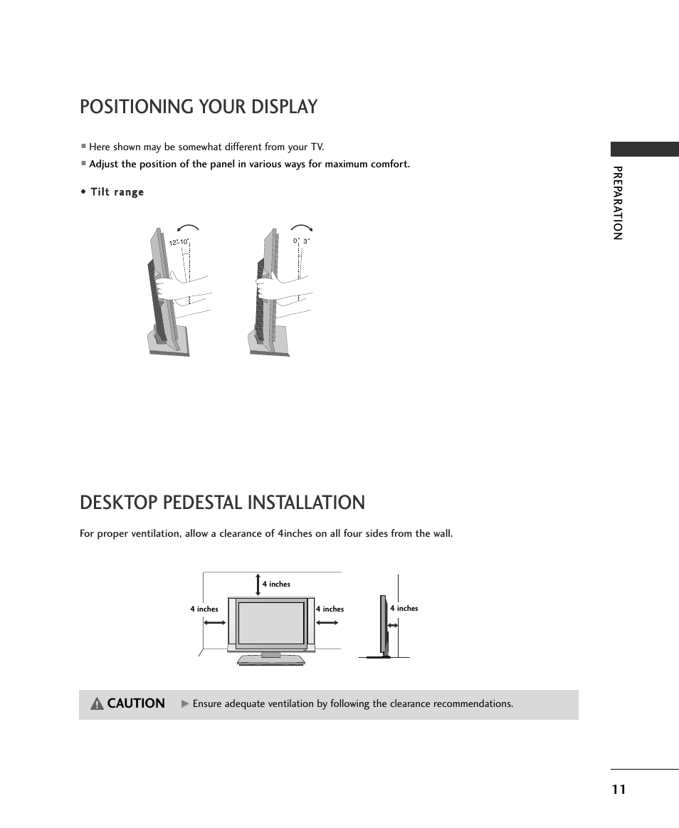 Positioning your display, Desktop pedestal installation, Caution | LG 15LS1RA User Manual | Page 13 / 56