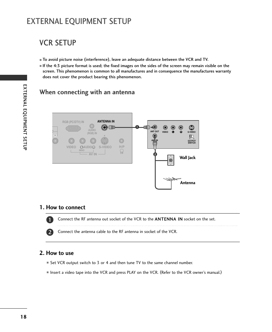 External equipment setup, Vcr setup, When connecting with an antenna | How to connect, How to use, External eq uipment setup | LG 15LS1RA User Manual | Page 20 / 56