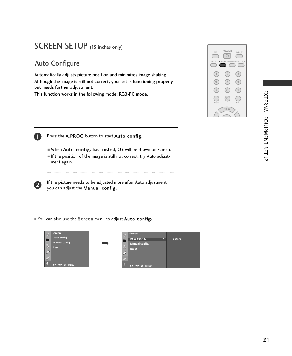Screen setup, Auto configure, External eq uipment setup | 15 inches only) | LG 15LS1RA User Manual | Page 23 / 56