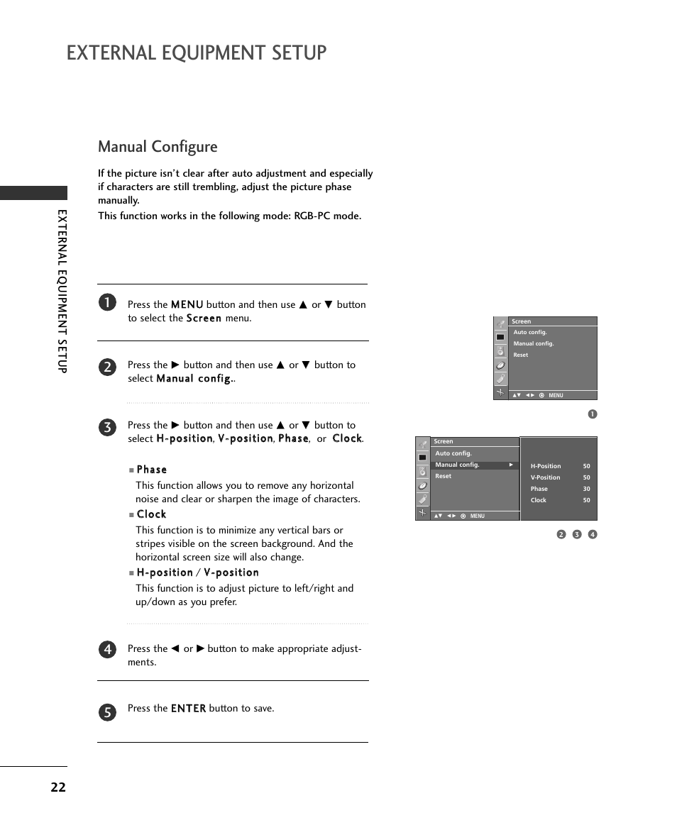 External equipment setup, Manual configure, External eq uipment setup | LG 15LS1RA User Manual | Page 24 / 56