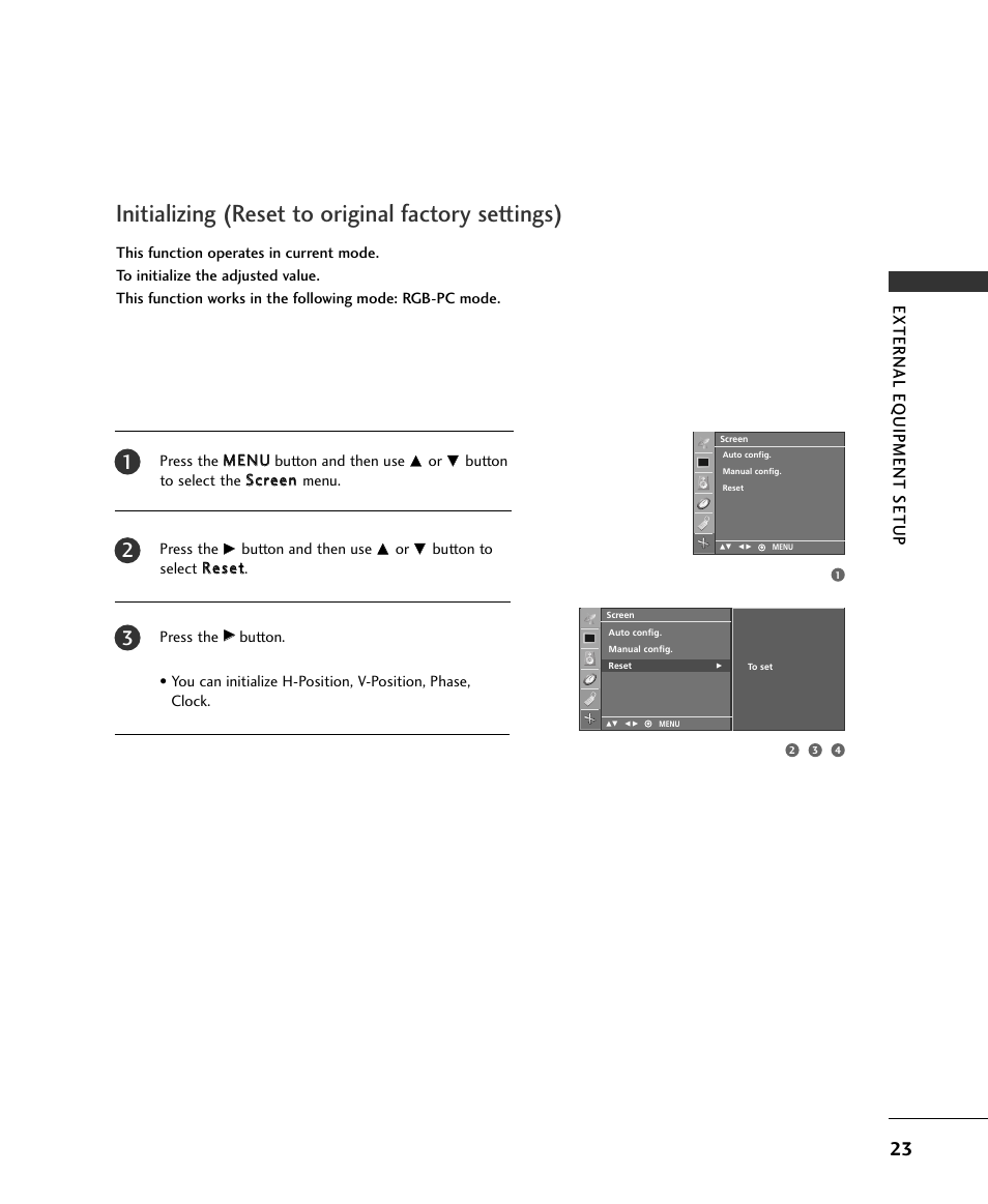 Initializing (reset to original factory settings), External eq uipment setup | LG 15LS1RA User Manual | Page 25 / 56
