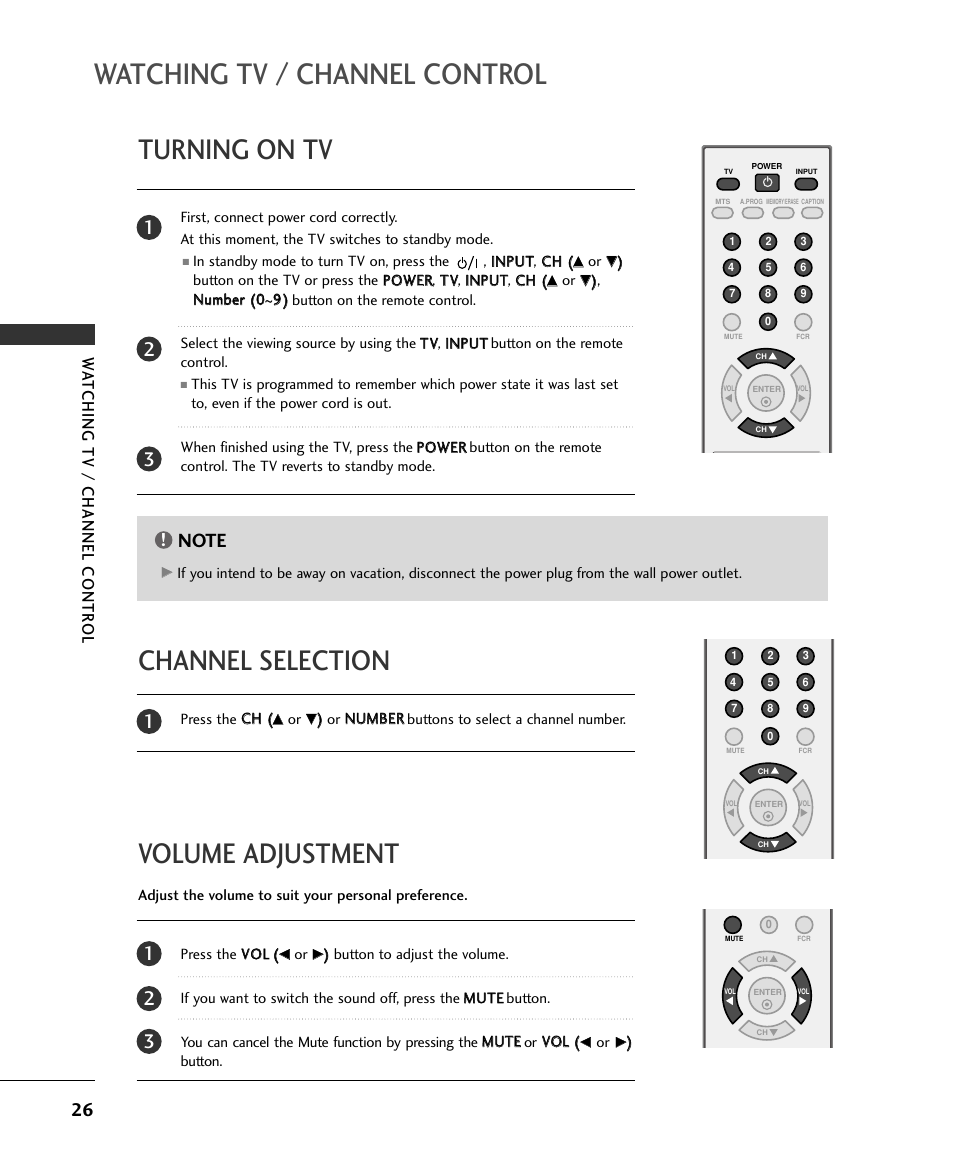 Watching tv / channel control, Turning on tv, Volume adjustment channel selection | Wa tching tv / channel contr ol | LG 15LS1RA User Manual | Page 28 / 56