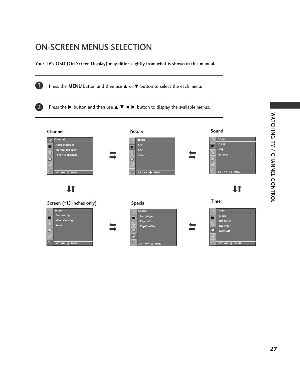 On-screen menus selection, Wa tching tv / channel contr ol, Press the m me en nu u button and then use | Button to select the each menu. press the, Button and then use | LG 15LS1RA User Manual | Page 29 / 56