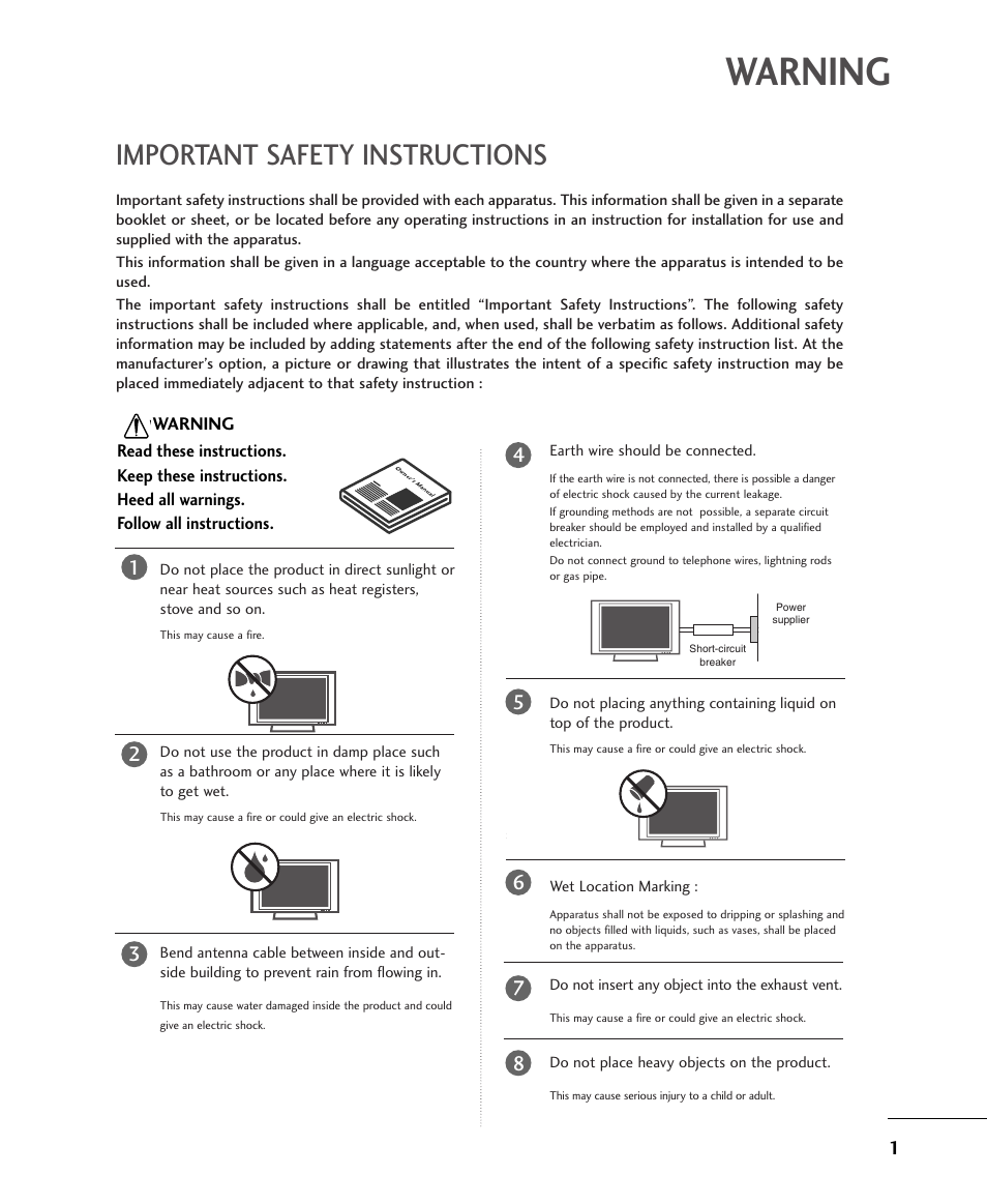 Warning, Important safety instructions, Earth wire should be connected | Wet location marking, Do not insert any object into the exhaust vent, Do not place heavy objects on the product | LG 15LS1RA User Manual | Page 3 / 56