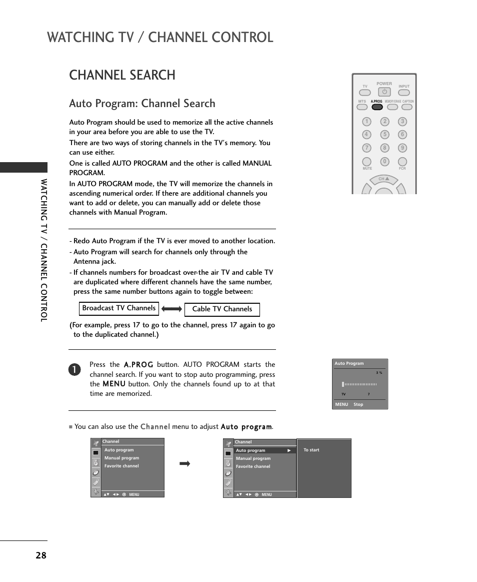 Watching tv / channel control, Channel search, Auto program: channel search | Wa tching tv / channel contr ol | LG 15LS1RA User Manual | Page 30 / 56