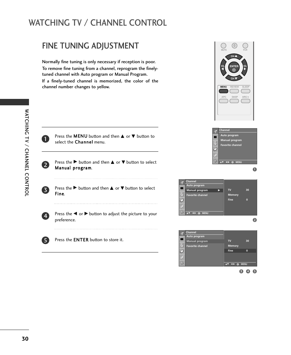 Watching tv / channel control, Fine tuning adjustment, Wa tching tv / channel contr ol | LG 15LS1RA User Manual | Page 32 / 56