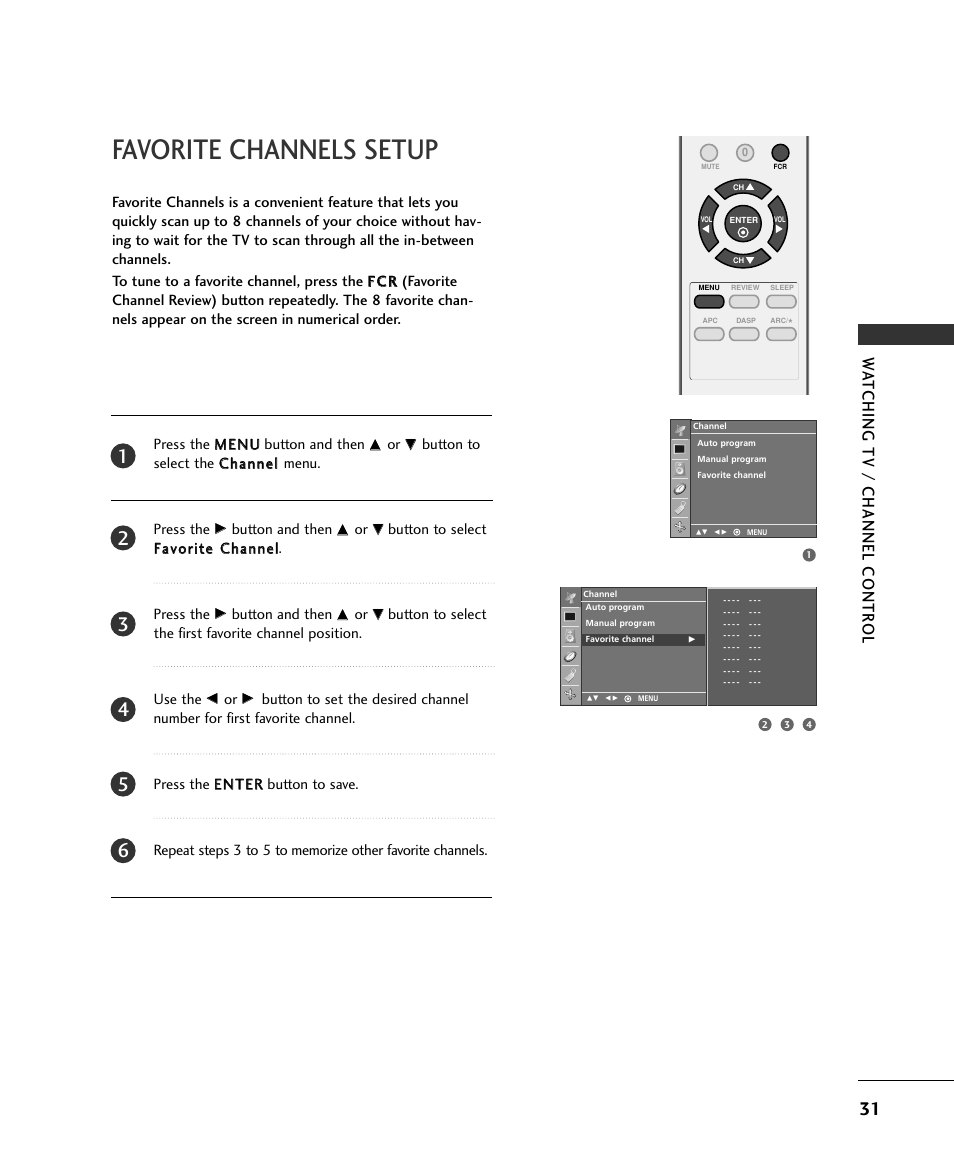 Favorite channels setup, Wa tching tv / channel contr ol | LG 15LS1RA User Manual | Page 33 / 56