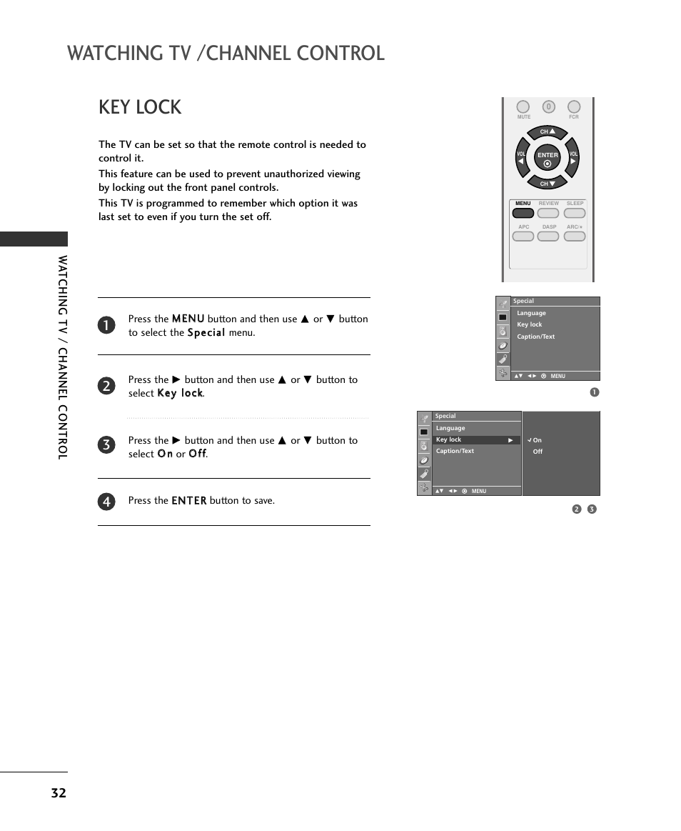 Watching tv /channel control, Key lock, Wa tching tv / channel contr ol | LG 15LS1RA User Manual | Page 34 / 56
