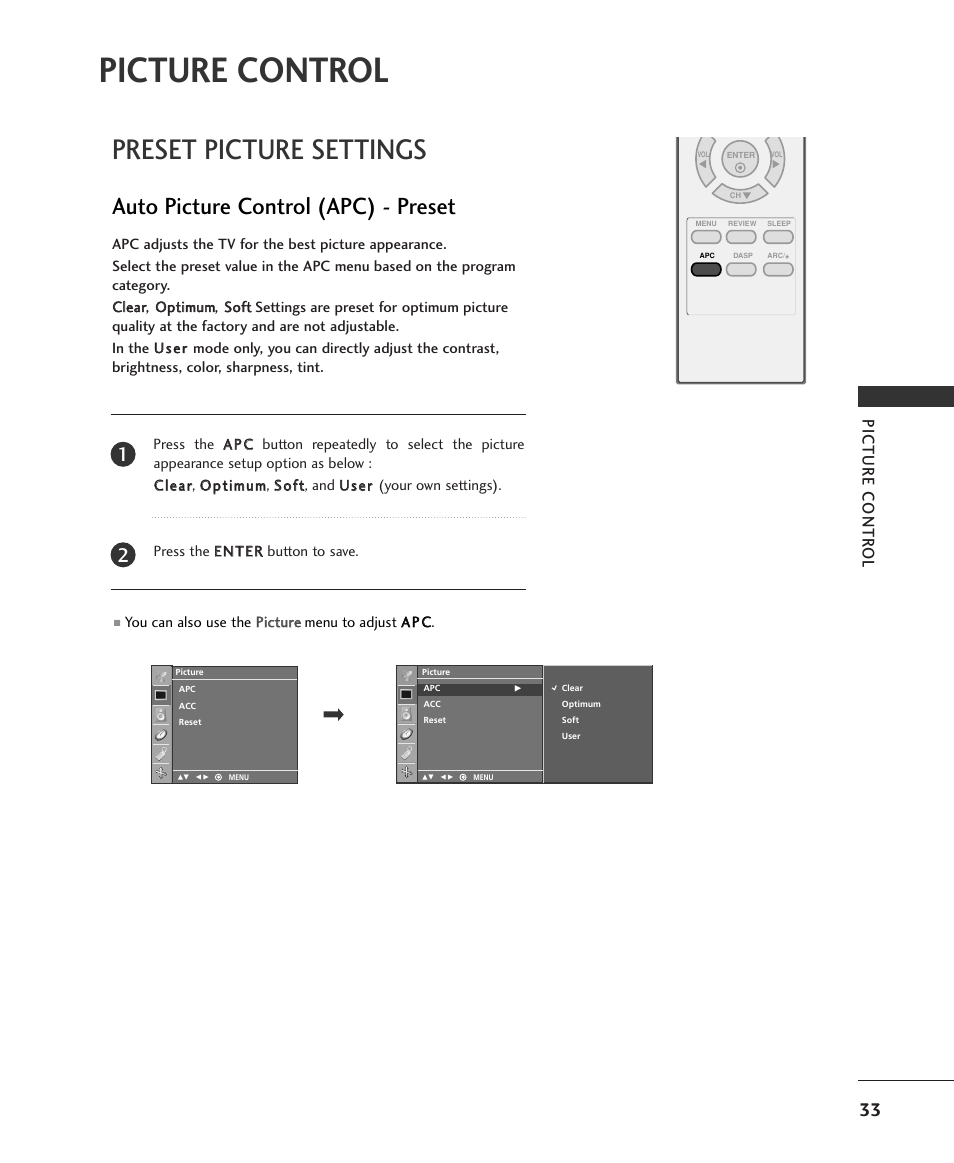 Picture control, Preset picture settings, Auto picture control (apc) - preset | Picture contr ol | LG 15LS1RA User Manual | Page 35 / 56