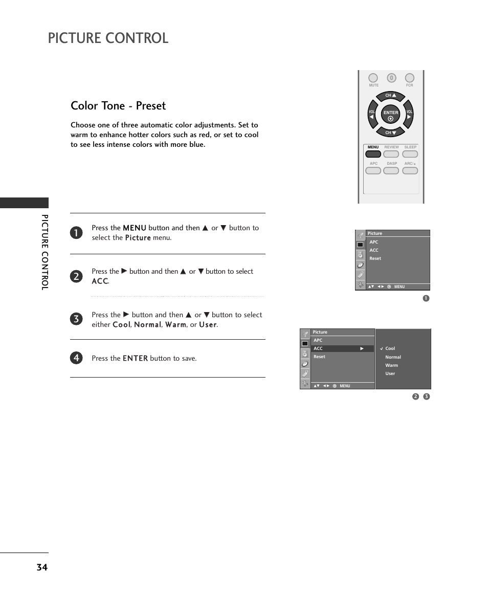 Picture control, Color tone - preset, Picture contr ol | LG 15LS1RA User Manual | Page 36 / 56