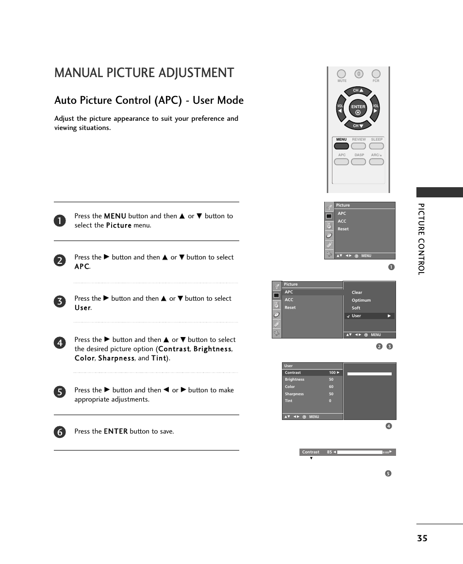 Manual picture adjustment, Auto picture control (apc) - user mode, Picture contr ol | LG 15LS1RA User Manual | Page 37 / 56