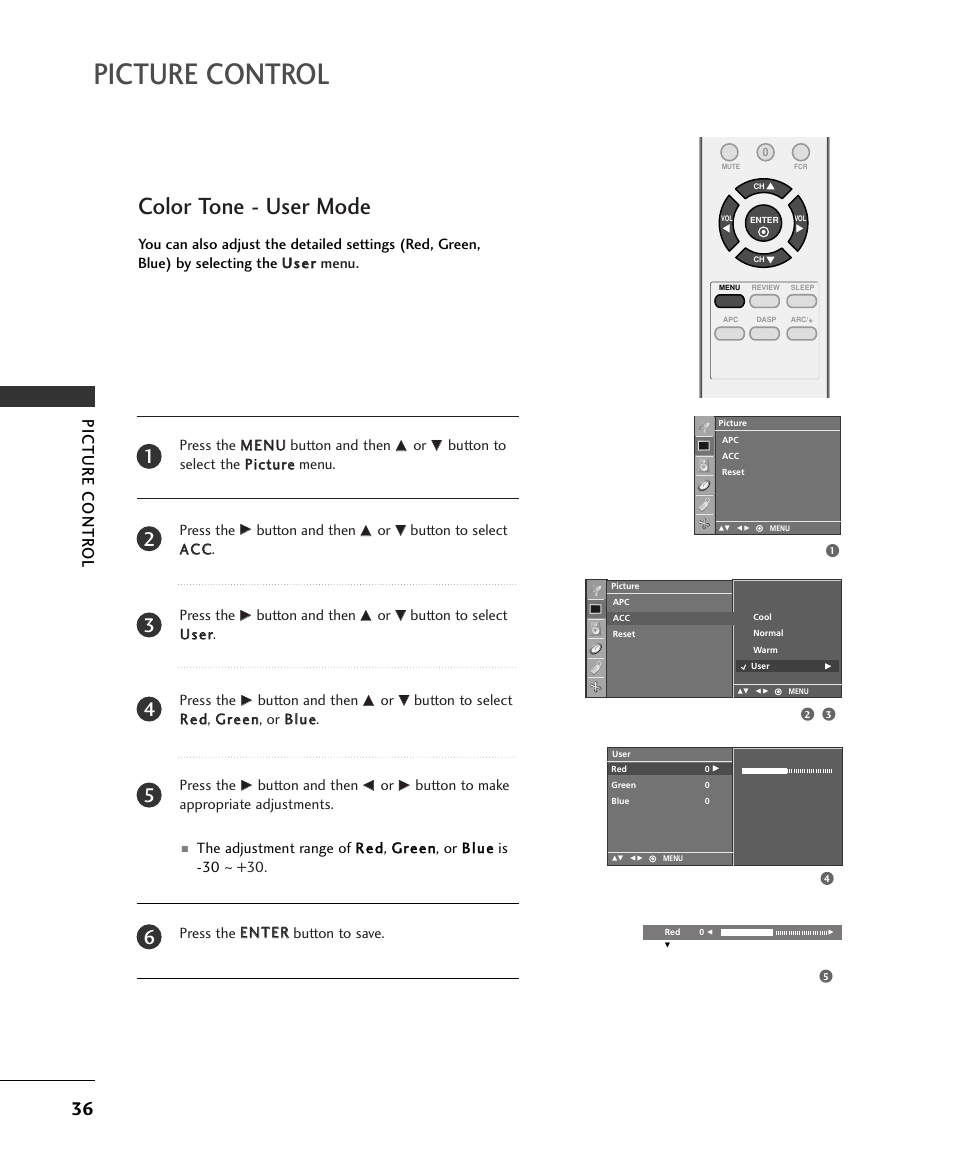 Picture control, Color tone - user mode, Picture contr ol | LG 15LS1RA User Manual | Page 38 / 56