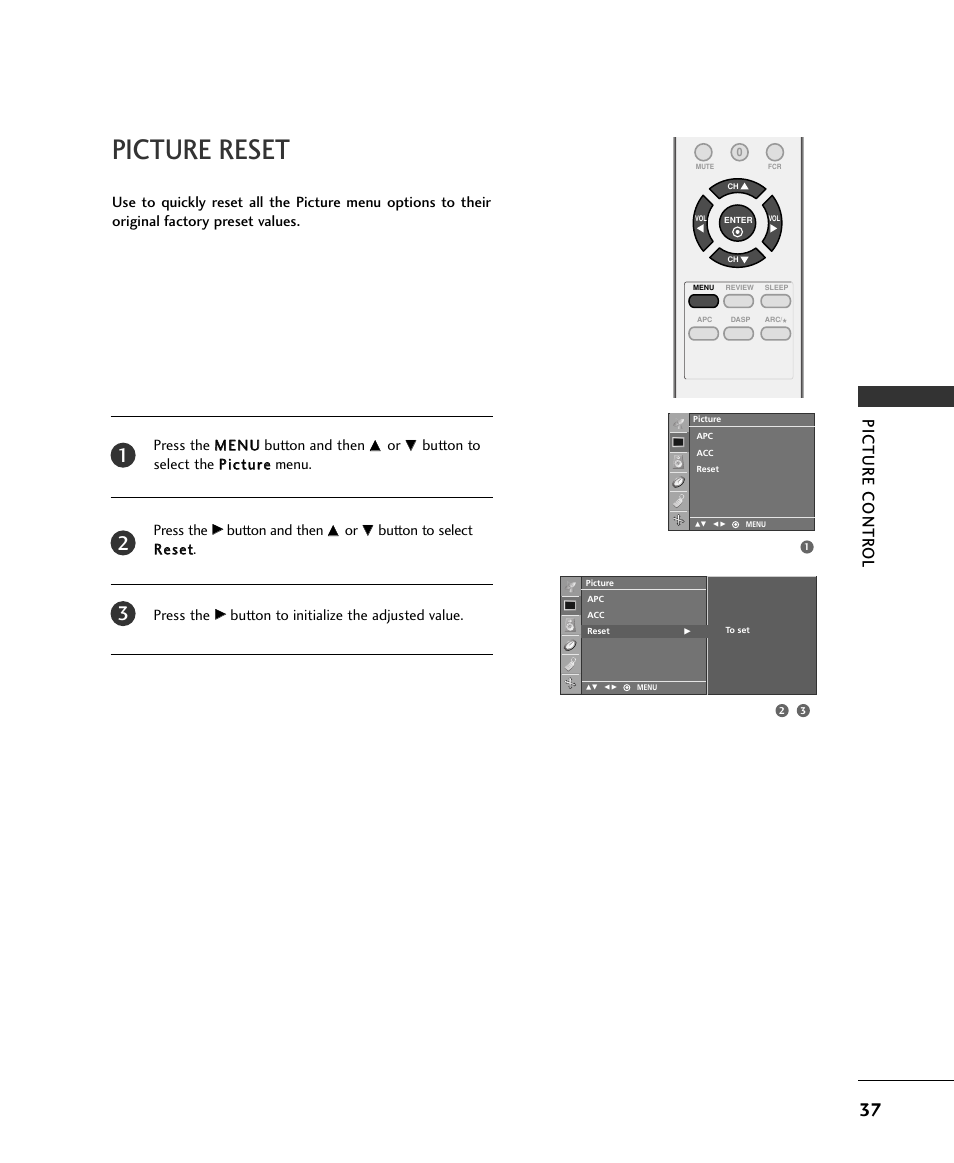 Picture reset, Picture contr ol | LG 15LS1RA User Manual | Page 39 / 56