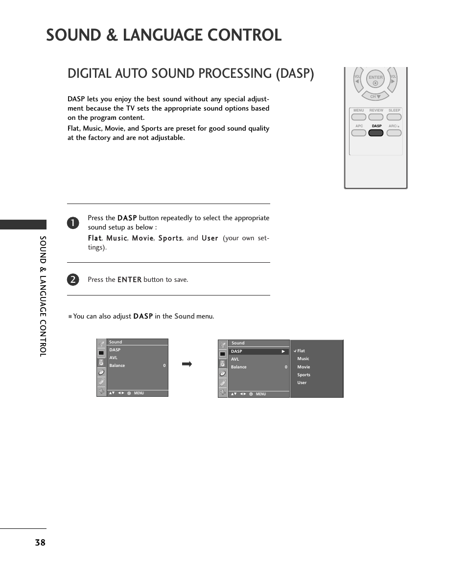 Sound & language control, Digital auto sound processing (dasp), Sound & langu a ge contr ol | LG 15LS1RA User Manual | Page 40 / 56