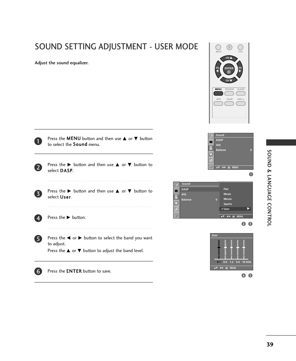 Sound setting adjustment - user mode, Sound & langu a ge contr ol | LG 15LS1RA User Manual | Page 41 / 56