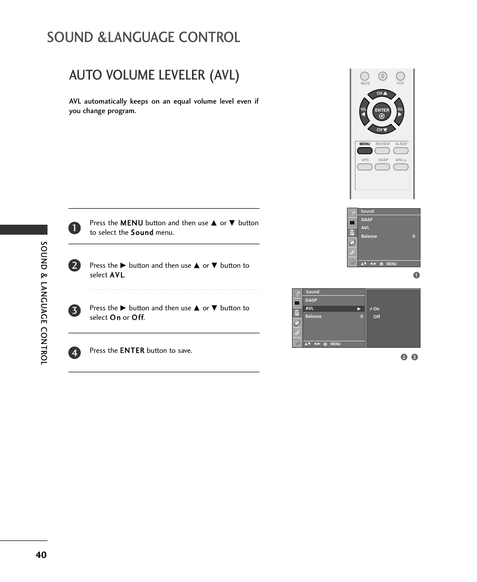 Sound &language control, Auto volume leveler (avl), Sound & langu a ge contr ol | LG 15LS1RA User Manual | Page 42 / 56