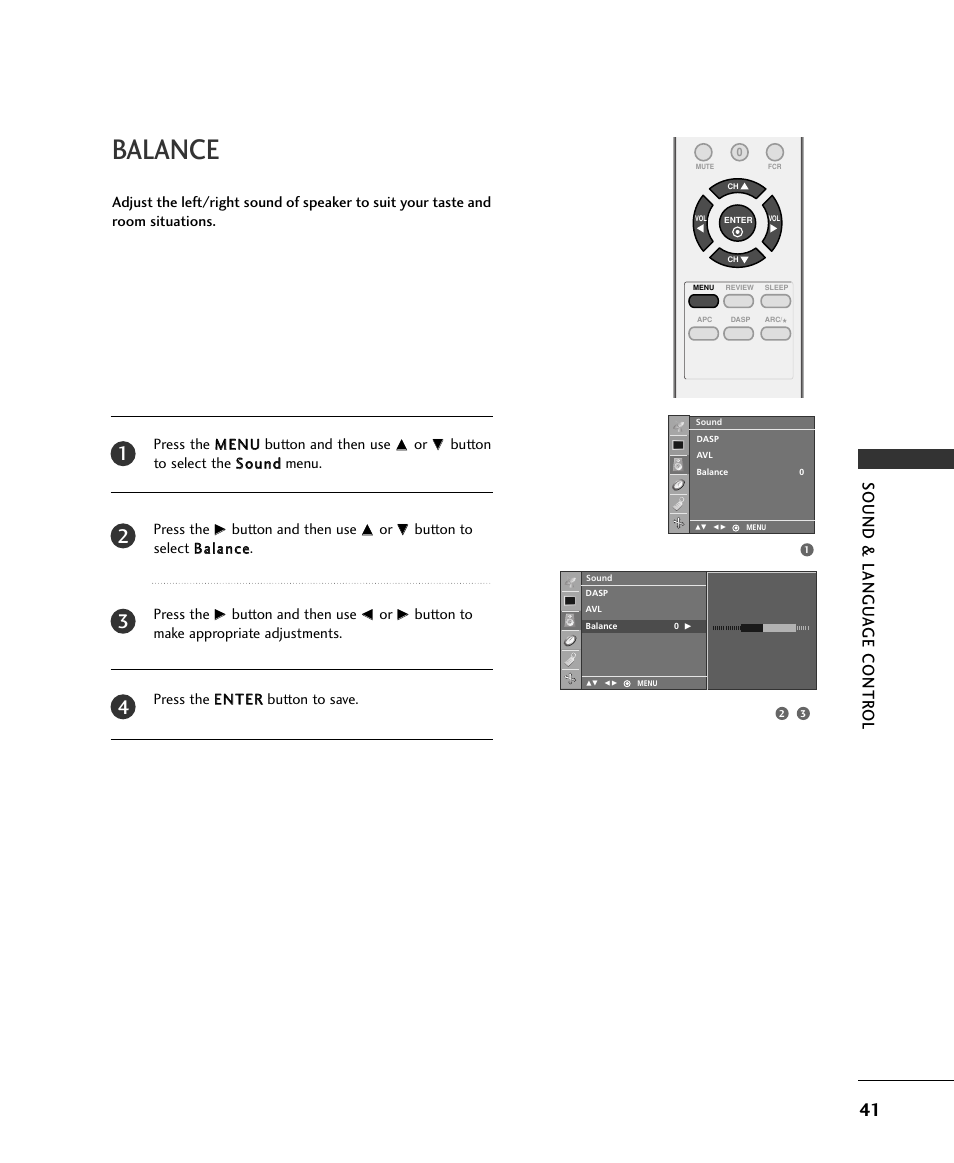 Balance, Sound & langu a ge contr ol | LG 15LS1RA User Manual | Page 43 / 56