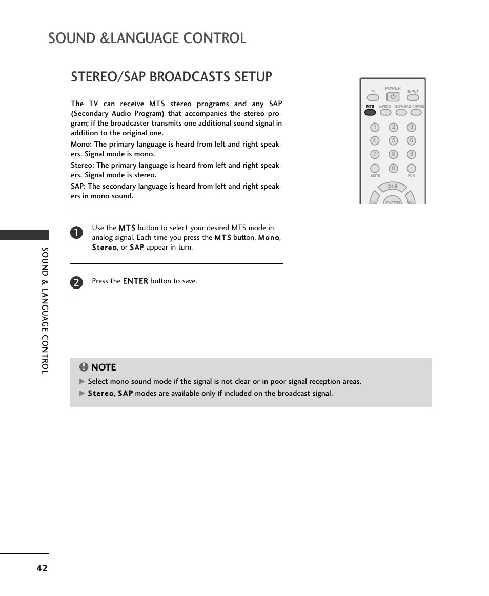 Sound &language control, Stereo/sap broadcasts setup | LG 15LS1RA User Manual | Page 44 / 56