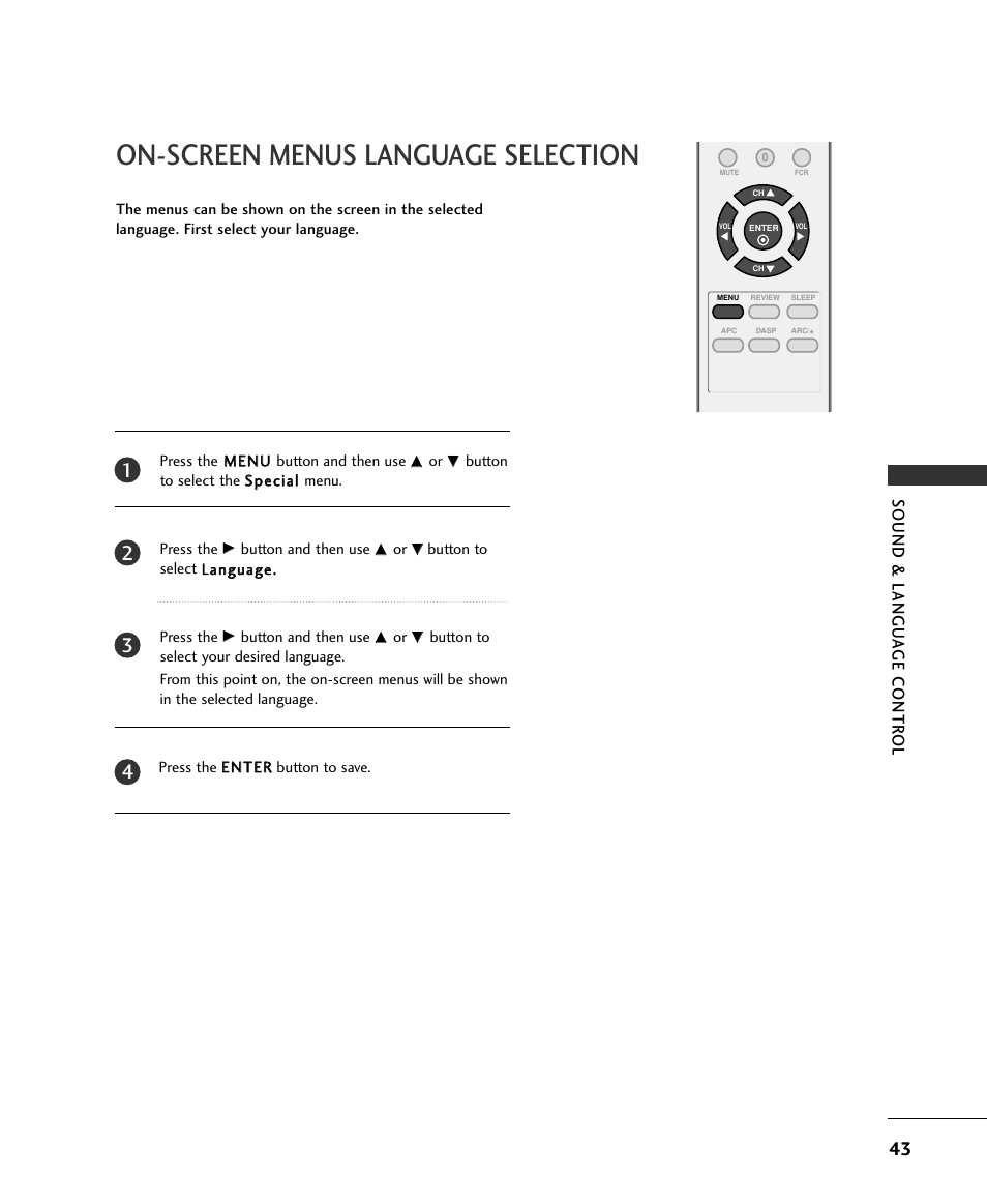 On-screen menus language selection, Sound & langu a ge contr ol | LG 15LS1RA User Manual | Page 45 / 56