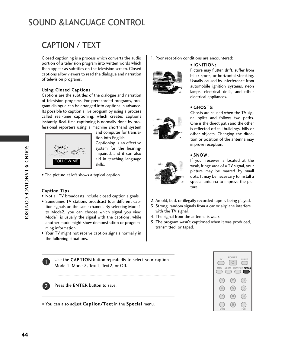 Sound &language control, Caption / text | LG 15LS1RA User Manual | Page 46 / 56