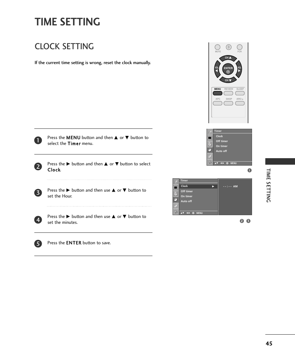 Clock setting, Time setting | LG 15LS1RA User Manual | Page 47 / 56