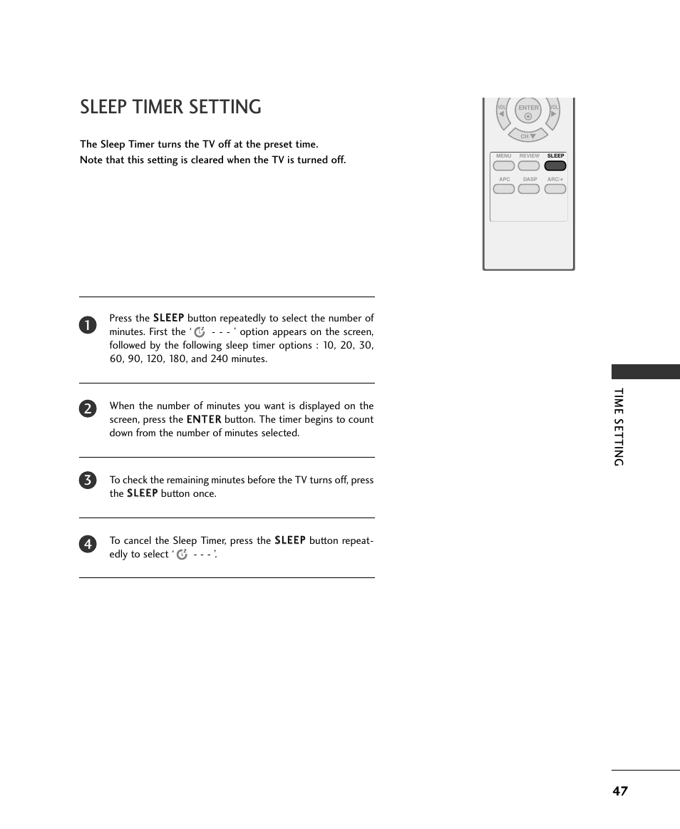 Sleep timer setting | LG 15LS1RA User Manual | Page 49 / 56