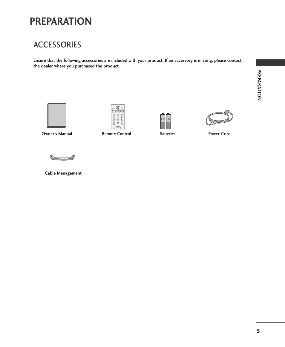 Preparation, Accessories, Prep ar a tion | Owner’s manual remote control, Batteries power cord | LG 15LS1RA User Manual | Page 7 / 56