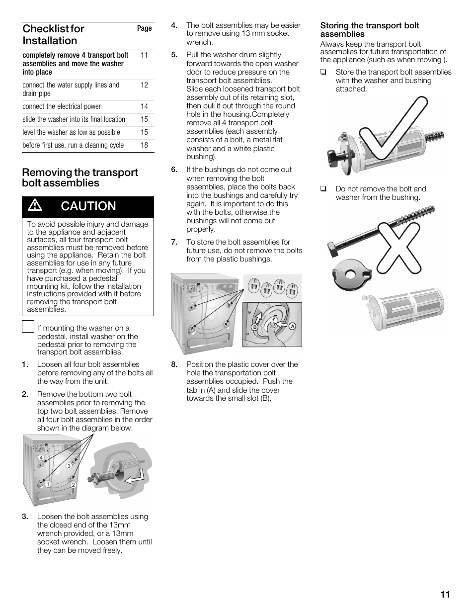 Caution, Checklist for installation, Removing the transport bolt assemblies | Univex Aquastop 800 series User Manual | Page 11 / 108