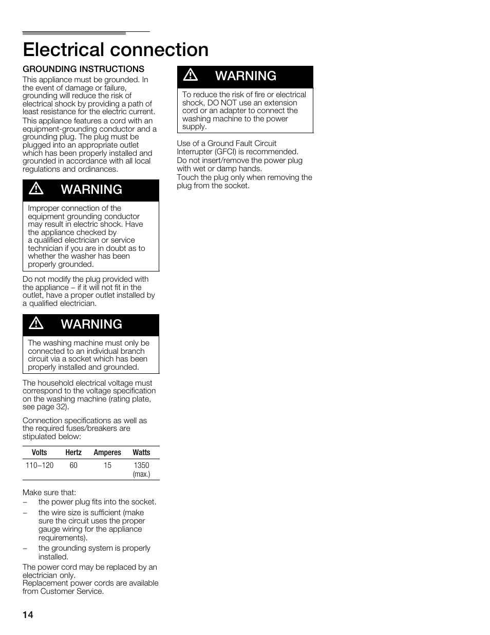 Electrical connection, Warning | Univex Aquastop 800 series User Manual | Page 14 / 108