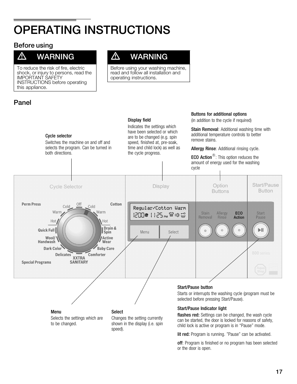 Operating instructions, Warning, Before using | Panel | Univex Aquastop 800 series User Manual | Page 17 / 108