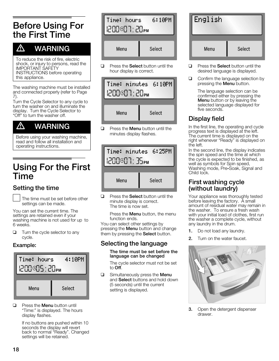 Before using for the first time d, Using for the first time, Warning | Setting the time, Selecting the language, Display field, First washing cycle (without laundry) | Univex Aquastop 800 series User Manual | Page 18 / 108