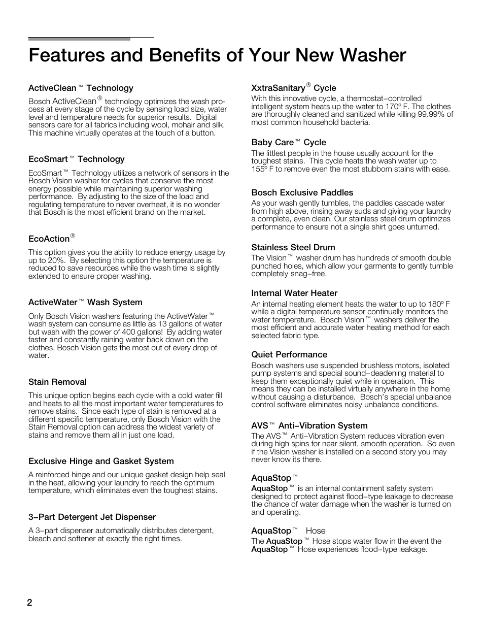 Features and benefits of your new washer | Univex Aquastop 800 series User Manual | Page 2 / 108