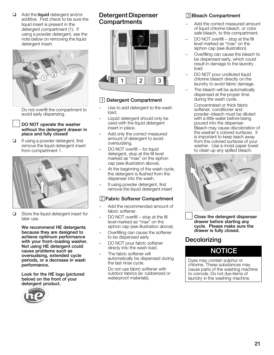 Notice, Detergent dispenser compartments, Decolorizing | Univex Aquastop 800 series User Manual | Page 21 / 108