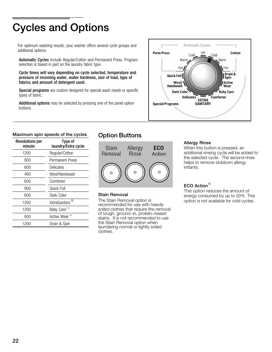 Cycles and options, Option buttons | Univex Aquastop 800 series User Manual | Page 22 / 108