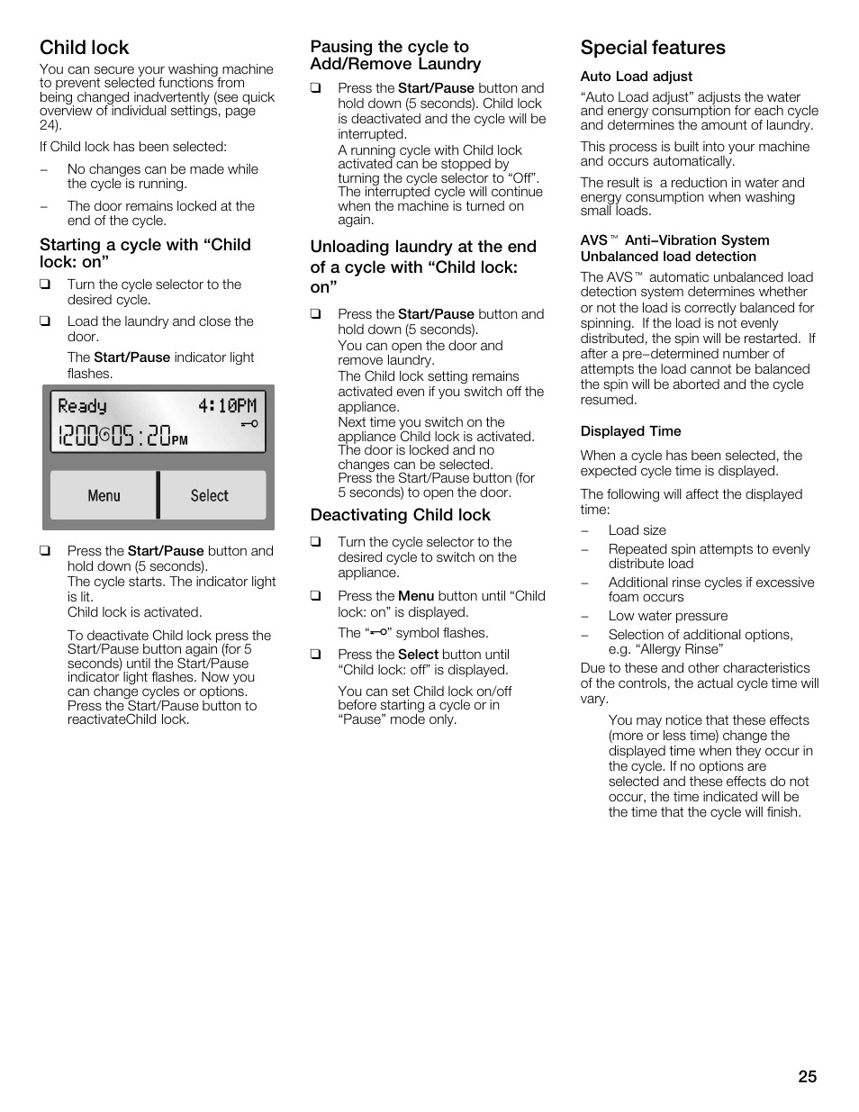 Child lock, Special features | Univex Aquastop 800 series User Manual | Page 25 / 108