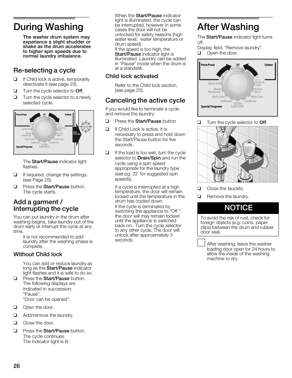 During washing, After washing, Notice | Rećselecting a cycle, Add a garment / interrupting the cycle, Canceling the active cycle | Univex Aquastop 800 series User Manual | Page 26 / 108