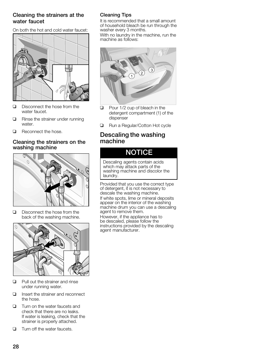 Notice, Descaling the washing machine | Univex Aquastop 800 series User Manual | Page 28 / 108