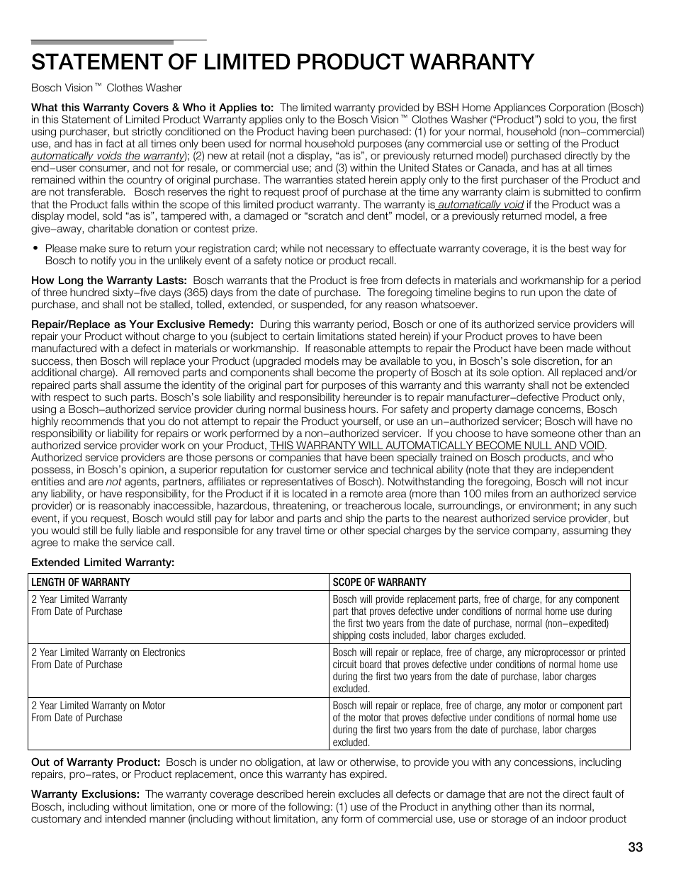 Statement of limited product warranty | Univex Aquastop 800 series User Manual | Page 33 / 108
