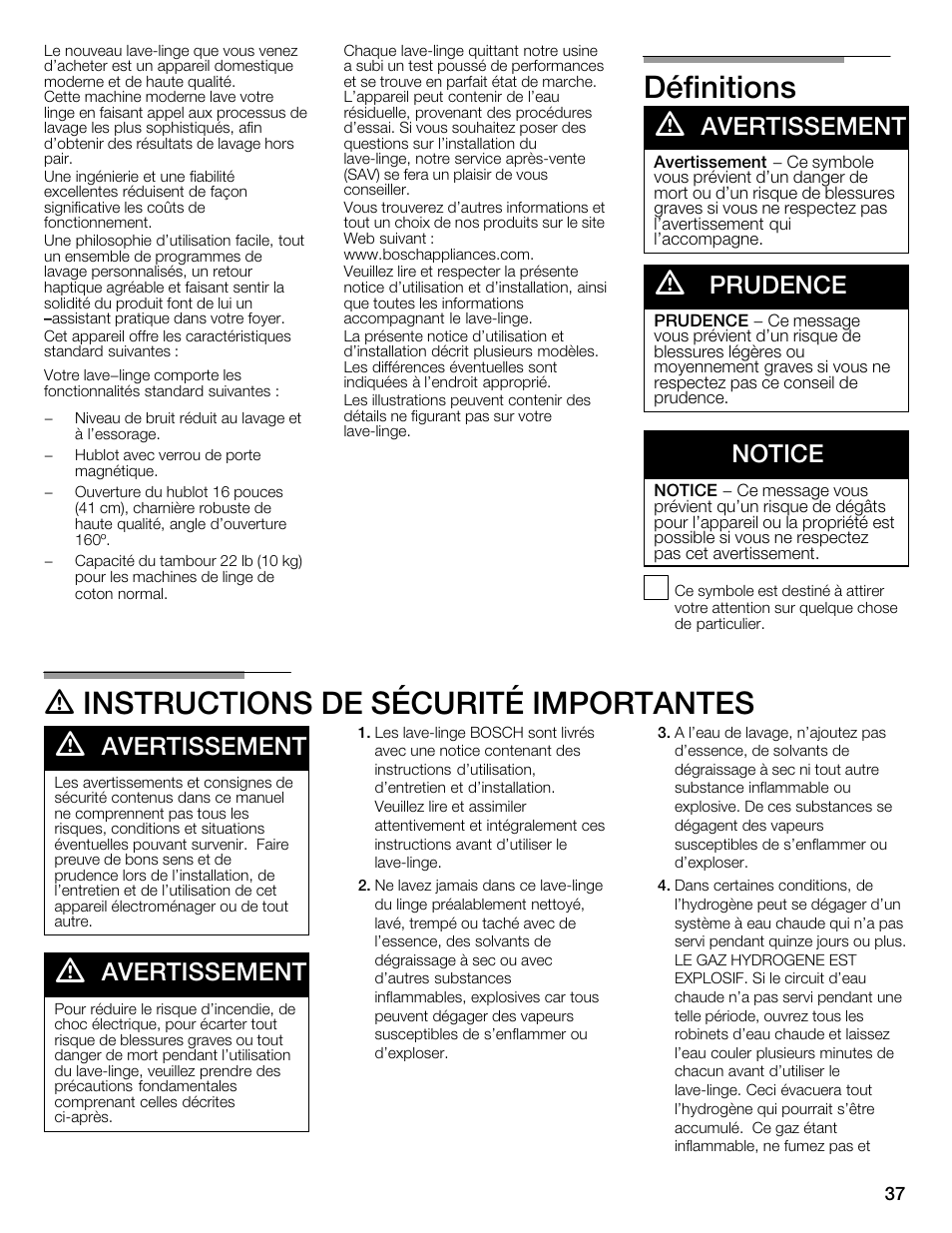 Définitions d, D instructions de sécurité importantes d, Avertissement | Prudence, Notice | Univex Aquastop 800 series User Manual | Page 37 / 108