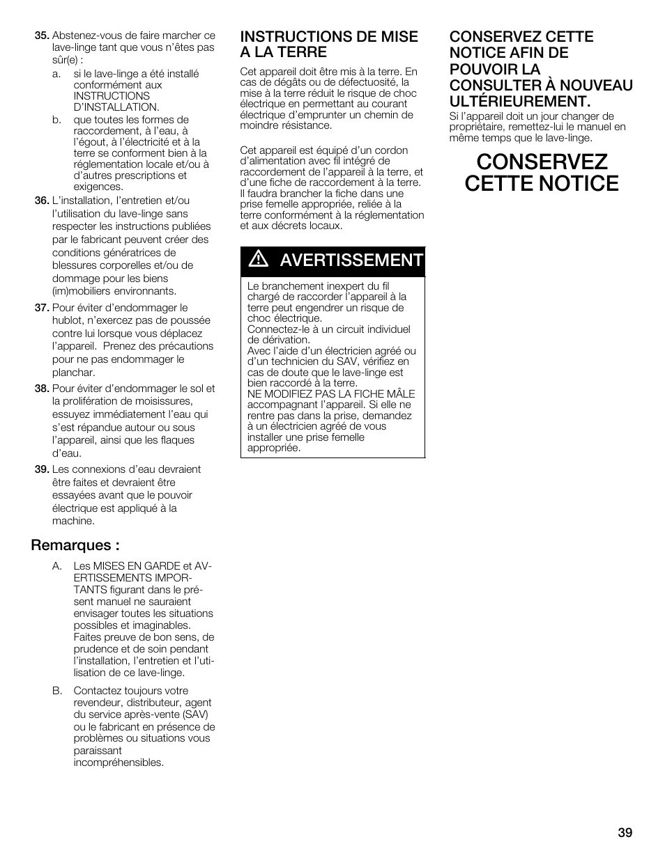 Conservez cette notice, Avertissement, Remarques | Instructions de mise a la terre | Univex Aquastop 800 series User Manual | Page 39 / 108