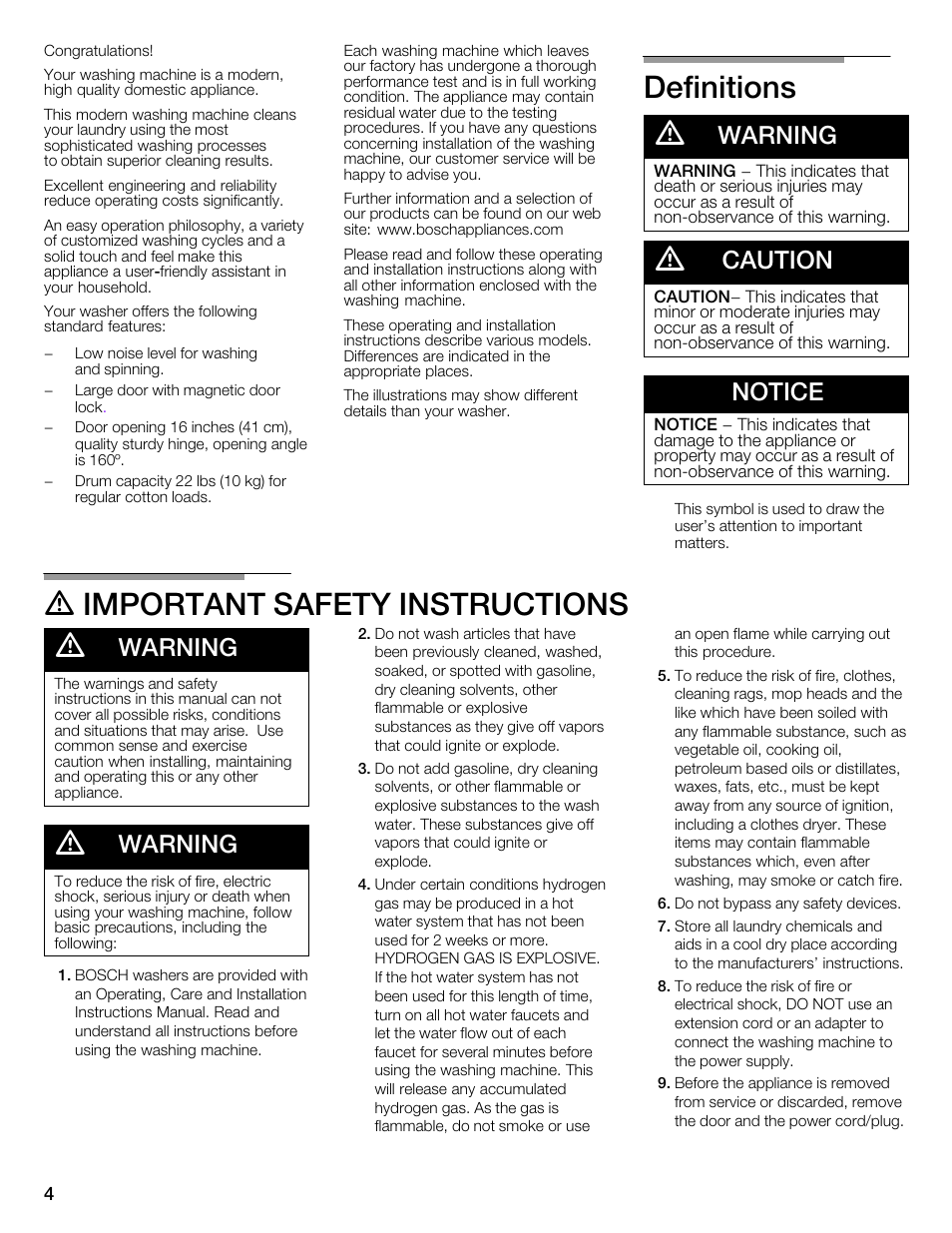 Definitions d, D important safety instructions d, Warning | Caution, Notice | Univex Aquastop 800 series User Manual | Page 4 / 108