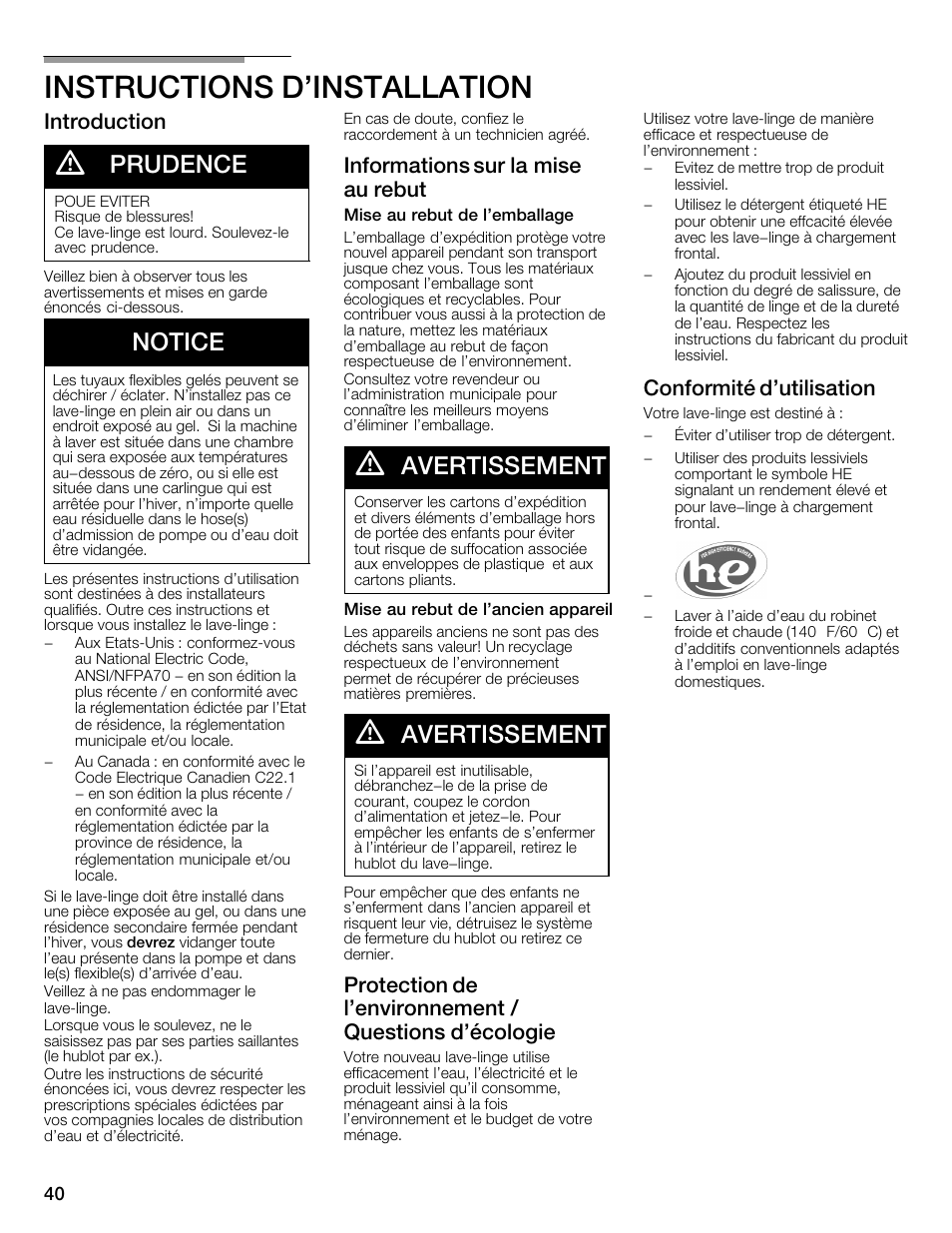 Instructions d'installation, Prudence, Notice | Avertissement, Introduction, Informations sur la mise au rebut, Conformité d'utilisation | Univex Aquastop 800 series User Manual | Page 40 / 108