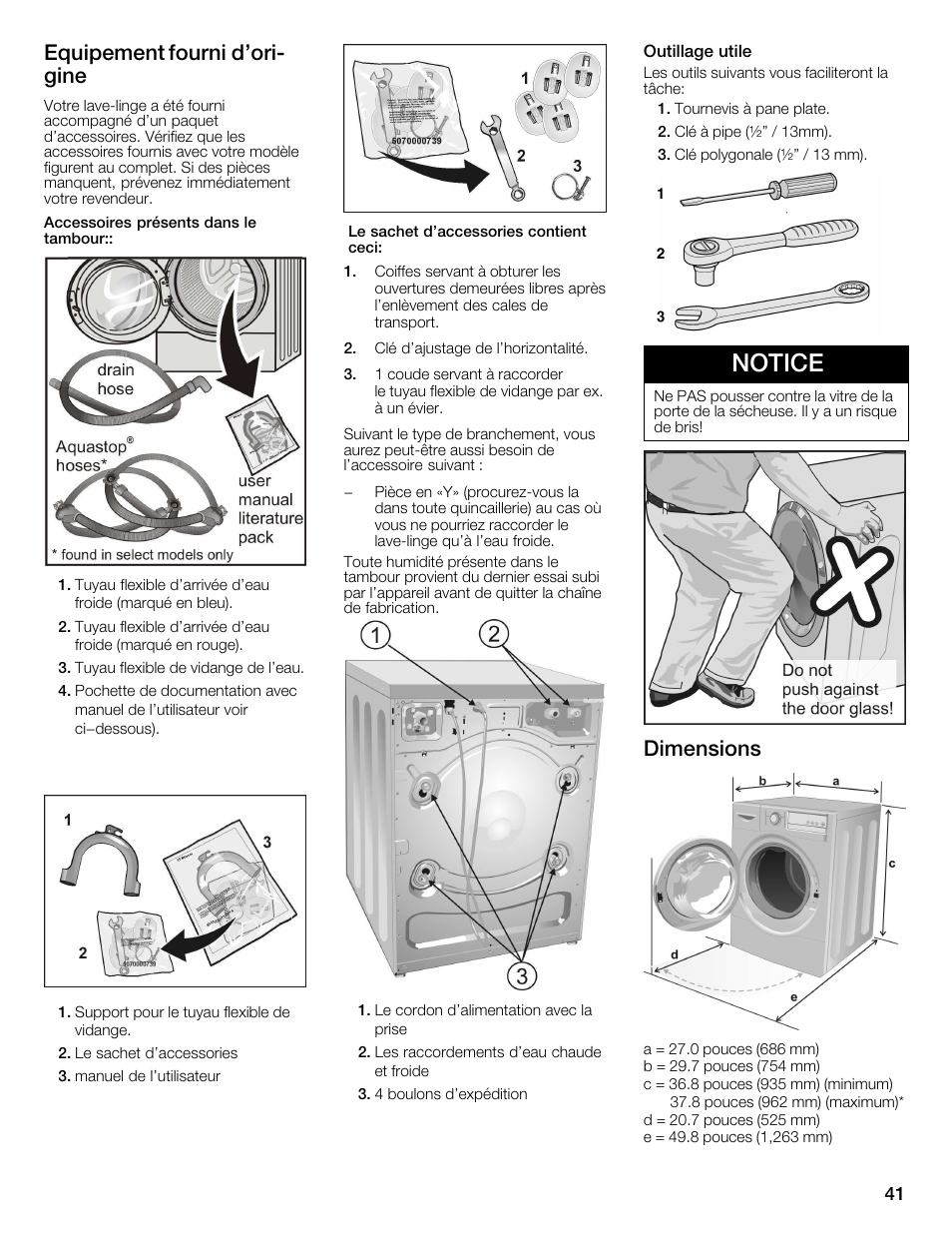 Notice, Equipement fourni d'orić gine, Dimensions | Univex Aquastop 800 series User Manual | Page 41 / 108