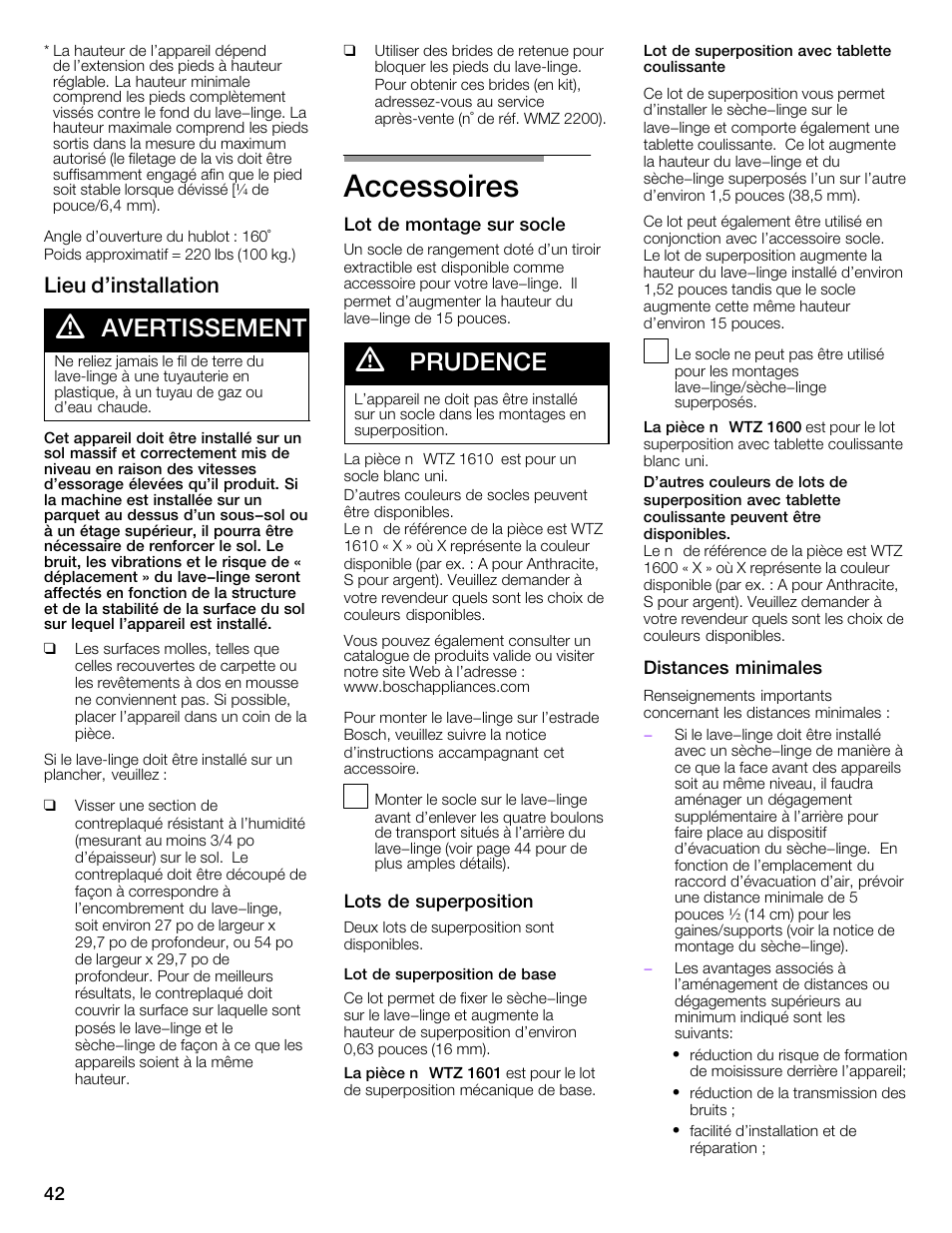 Accessoires, Avertissement, Prudence | Lieu d'installation | Univex Aquastop 800 series User Manual | Page 42 / 108