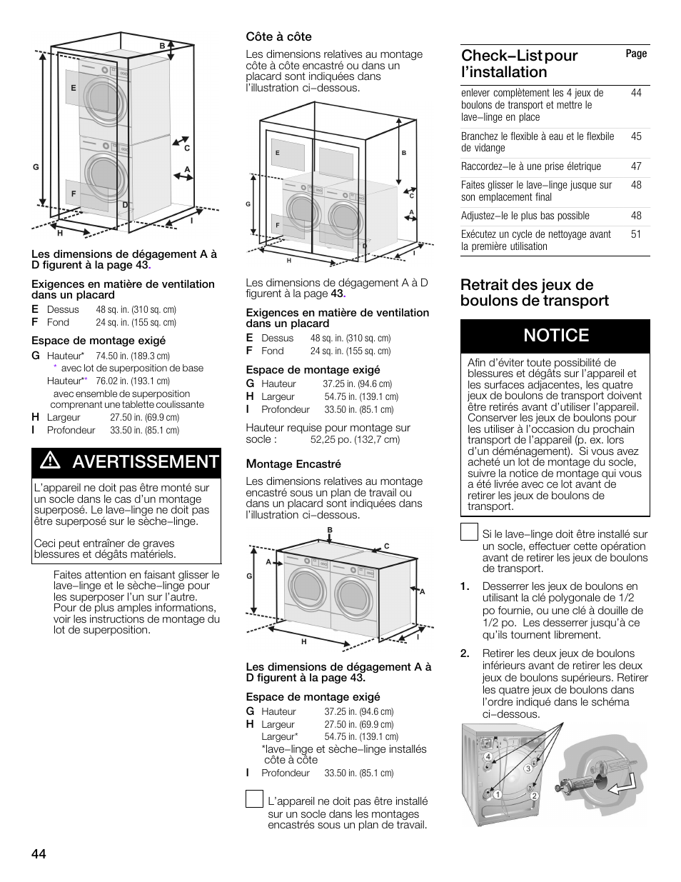 Avertissement, Notice, Check-list pour l'installation | Retrait des jeux de boulons de transport | Univex Aquastop 800 series User Manual | Page 44 / 108