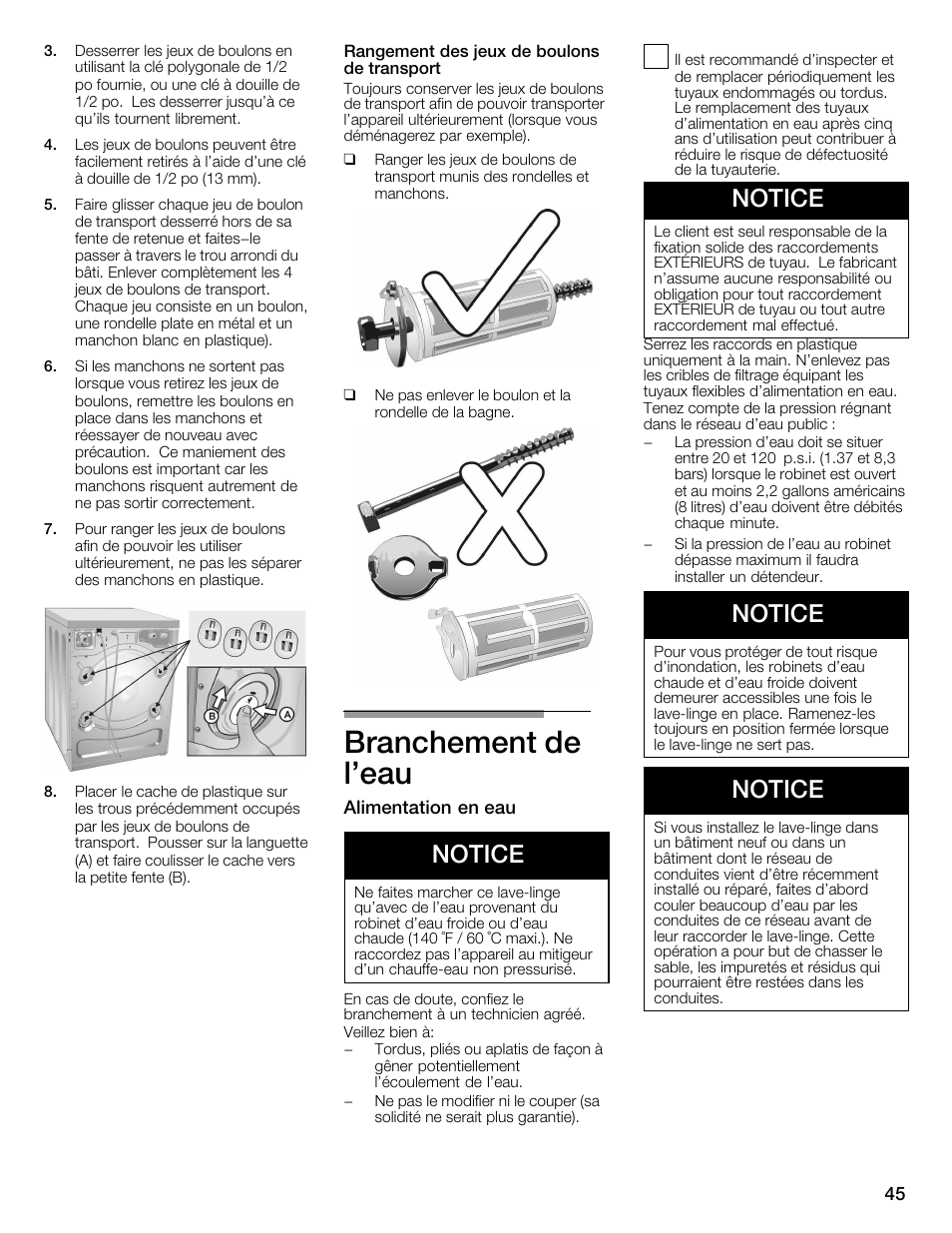 Branchement de l'eau, Notice | Univex Aquastop 800 series User Manual | Page 45 / 108