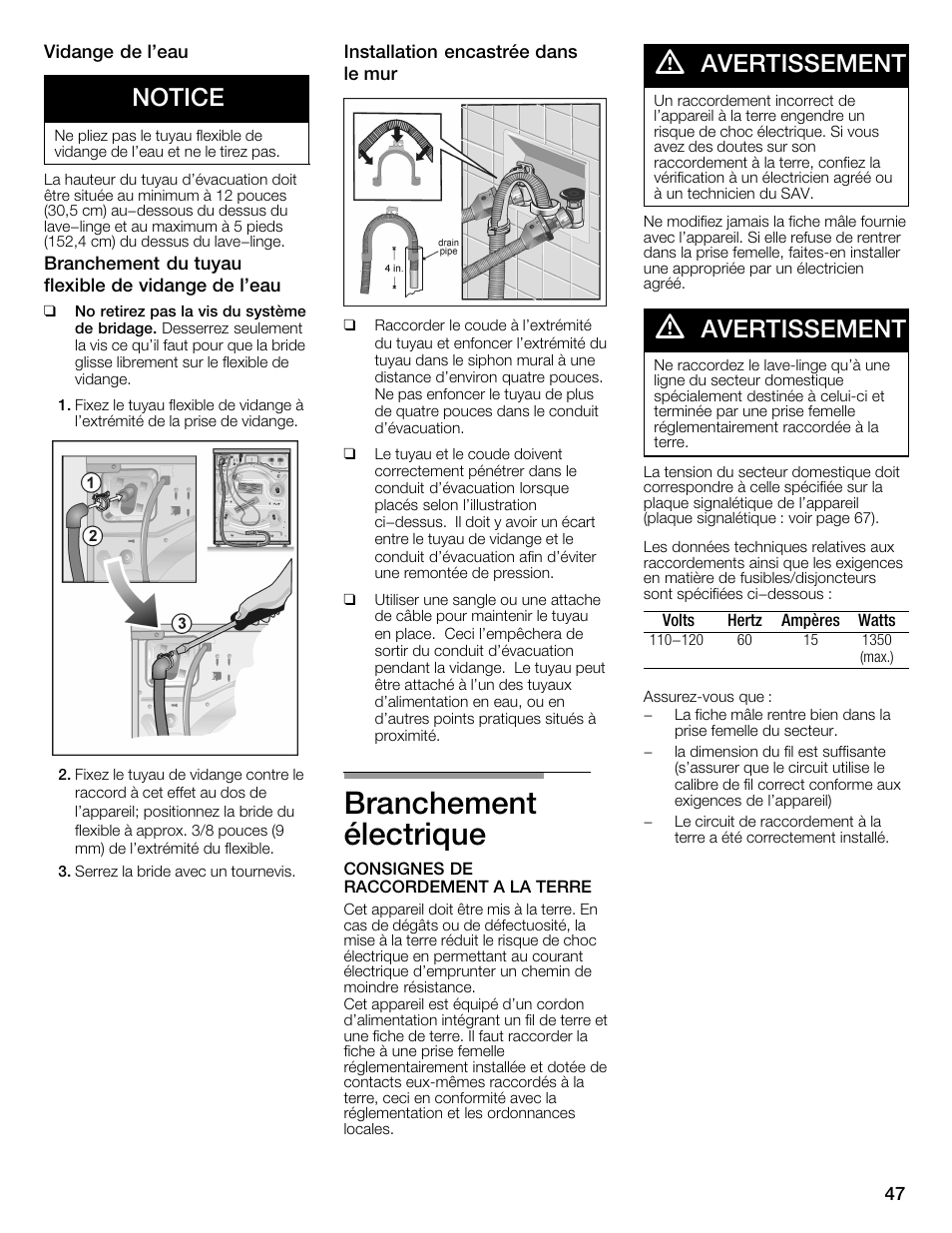 Branchement électrique, Notice, Avertissement | Univex Aquastop 800 series User Manual | Page 47 / 108