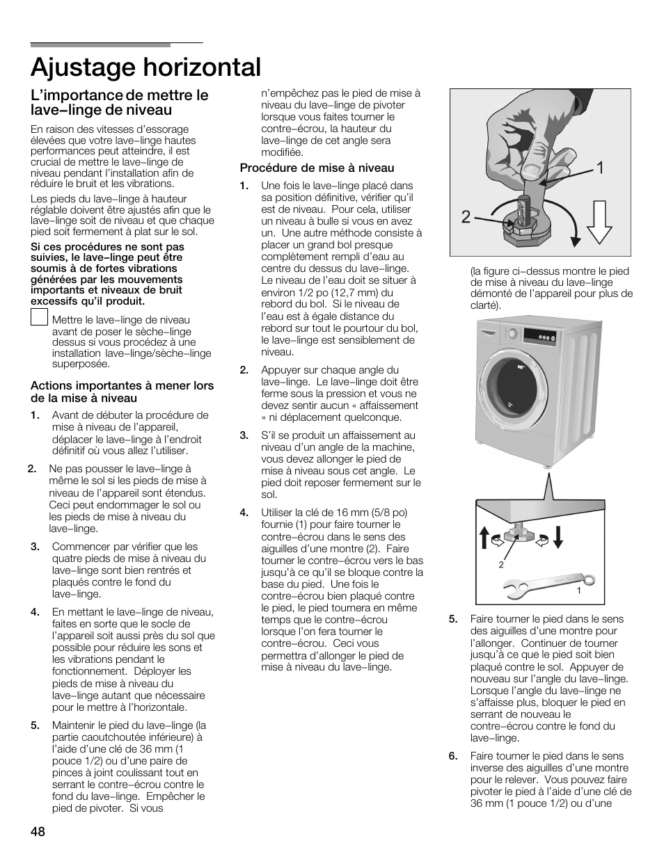Ajustage horizontal, L'importance de mettre le lave-linge de niveau | Univex Aquastop 800 series User Manual | Page 48 / 108